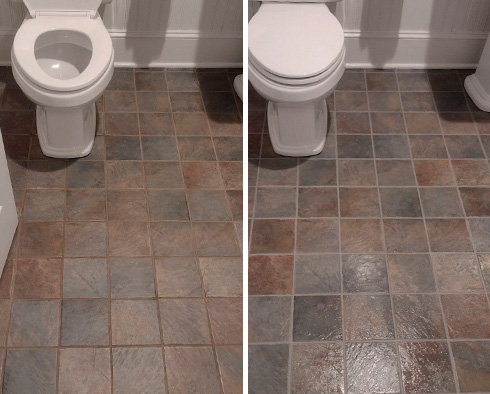 Bathroom Floor Before and After a Grout Cleaning in Westport, CT