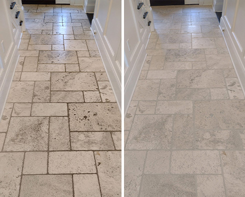Travertine Floor Before and After a Grout Sealing in Stamford