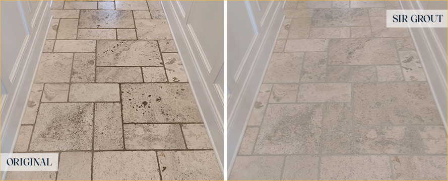 Travertine Floor Before and After a Grout Sealing in Stamford