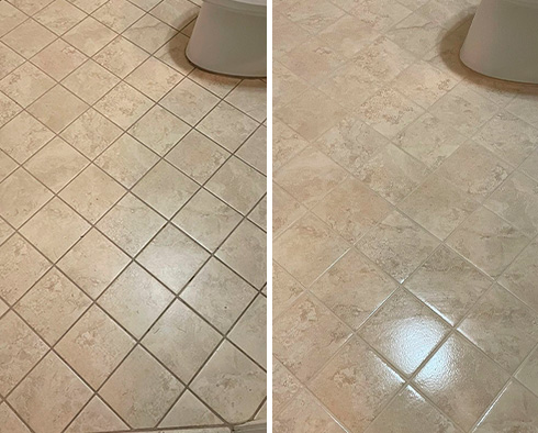 Bathroom Floor Before and After a Grout Cleaning in Westport, CT