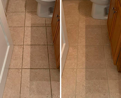 Bathroom Floor Before and After a Grout Cleaning in Stamford, CT