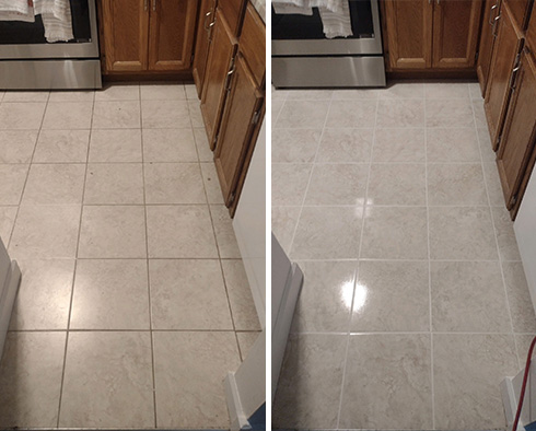 Kitchen Floor Before and After a Service from Our Tile and Grout Cleaners in Ridgefield