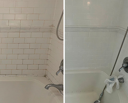 Tile Shower Before and After a Grout Recoloring in Easton,, CT