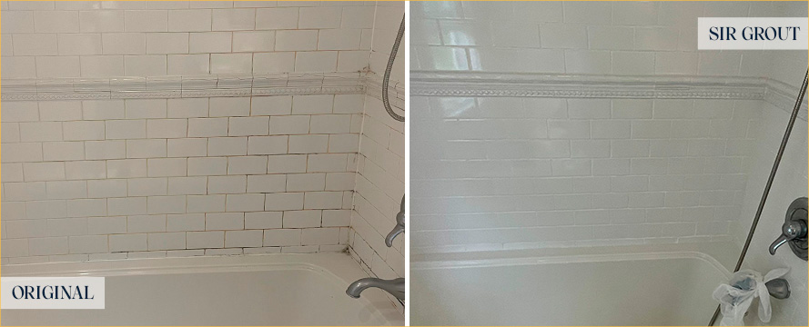 Tile Shower Before and After a Grout Recoloring in Easton, CT